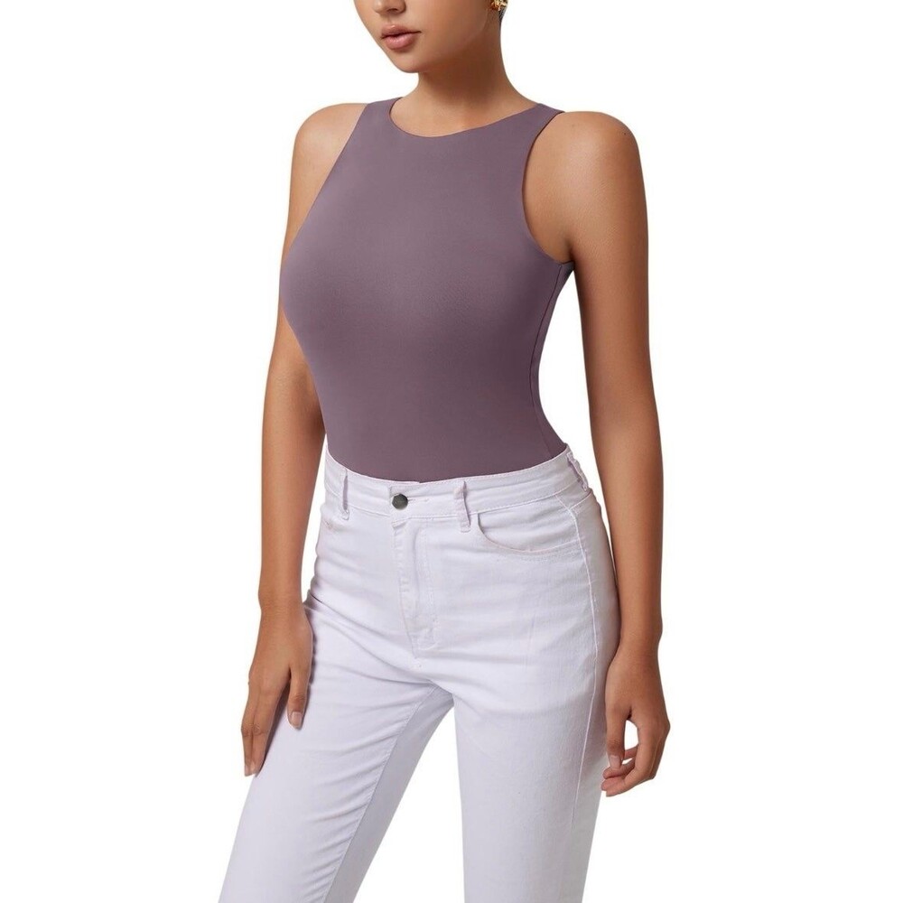 Reoria Halter High Round Neck Stretchy Racerback Leotard Bodysuit Snap Closure S